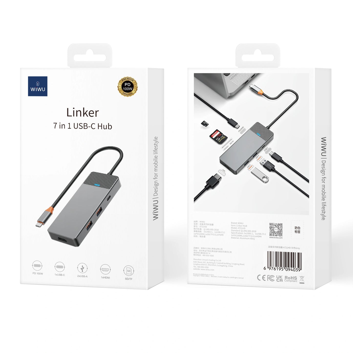 Hub USB‑C 7‑en‑1 WiWU Linker 721 HDMI 4K, USB 3.0, lecteur SD/TF et Power Delivery 100 W